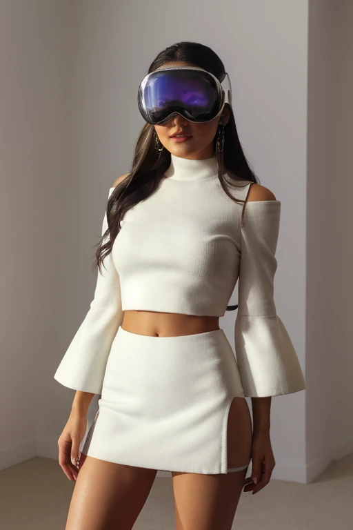 full body, head to toe, looking at viewer, partier, white mini sleeve crop top, cheast vi, white miniskirt, alluring, long brunette hair, knee high boots . High dynamic range, vivid, rich details, clear shadows and highlights, realistic, intense, enhanced contrast, highly detailed , wearing apple pro vision <lora:APPLEVR_LORA-000005:1>