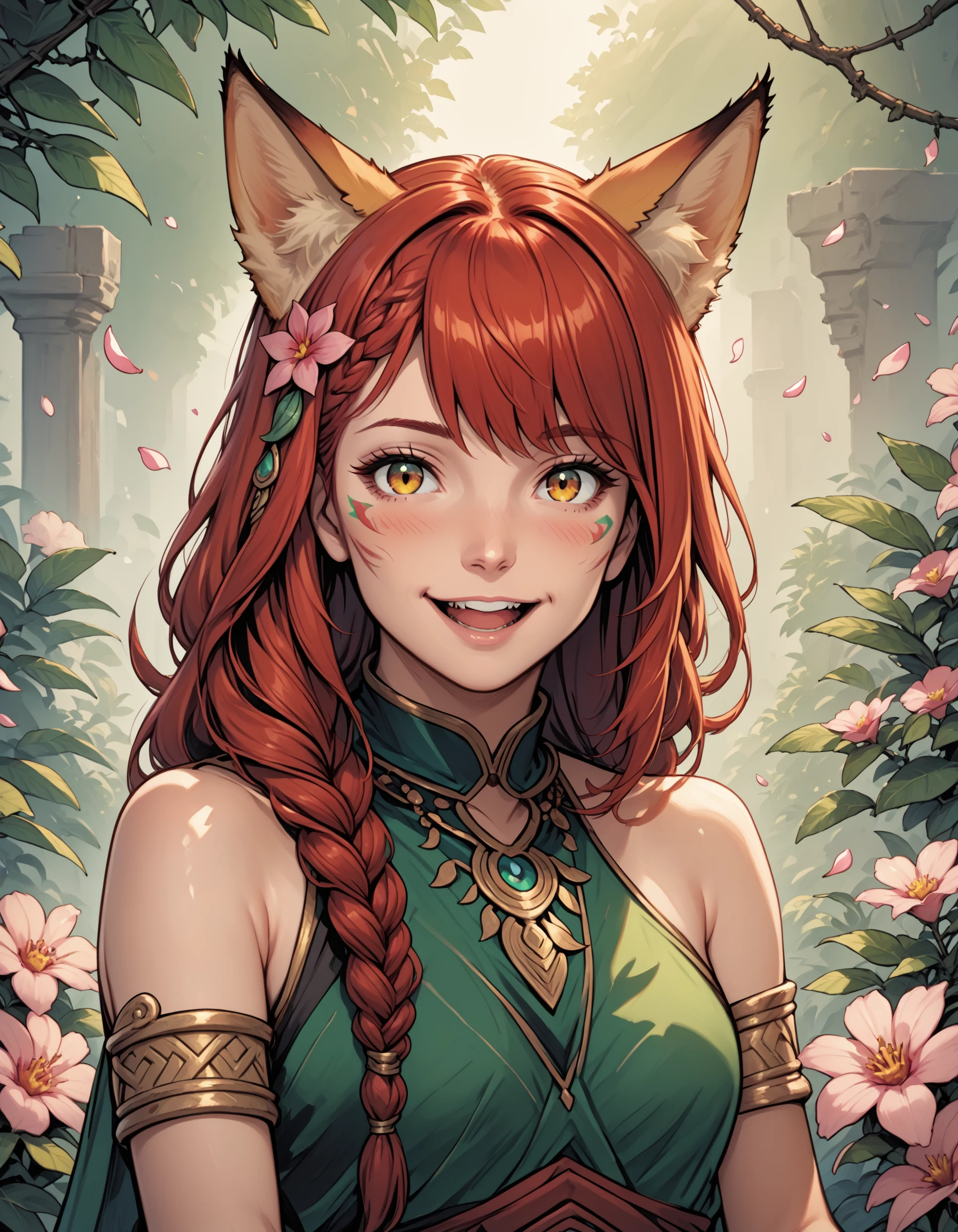 score_9, score_8_up, score_7_up, score_9, BREAK Hellaine Style, 1girl, solo, long hair, looking at viewer, blush, smile, open mouth, bangs, hair ornament, animal ears, bare shoulders, jewelry, green eyes, tail, yellow eyes, upper body, braid, flower, :d, red hair, outdoors, teeth, hair flower, bracelet, orange eyes, petals, fox ears, leaf, upper teeth only, facial mark, plant, pink flower, armlet, multicolored eyes, bracer, whisker markings, <lora:HellainePonyXL:1>