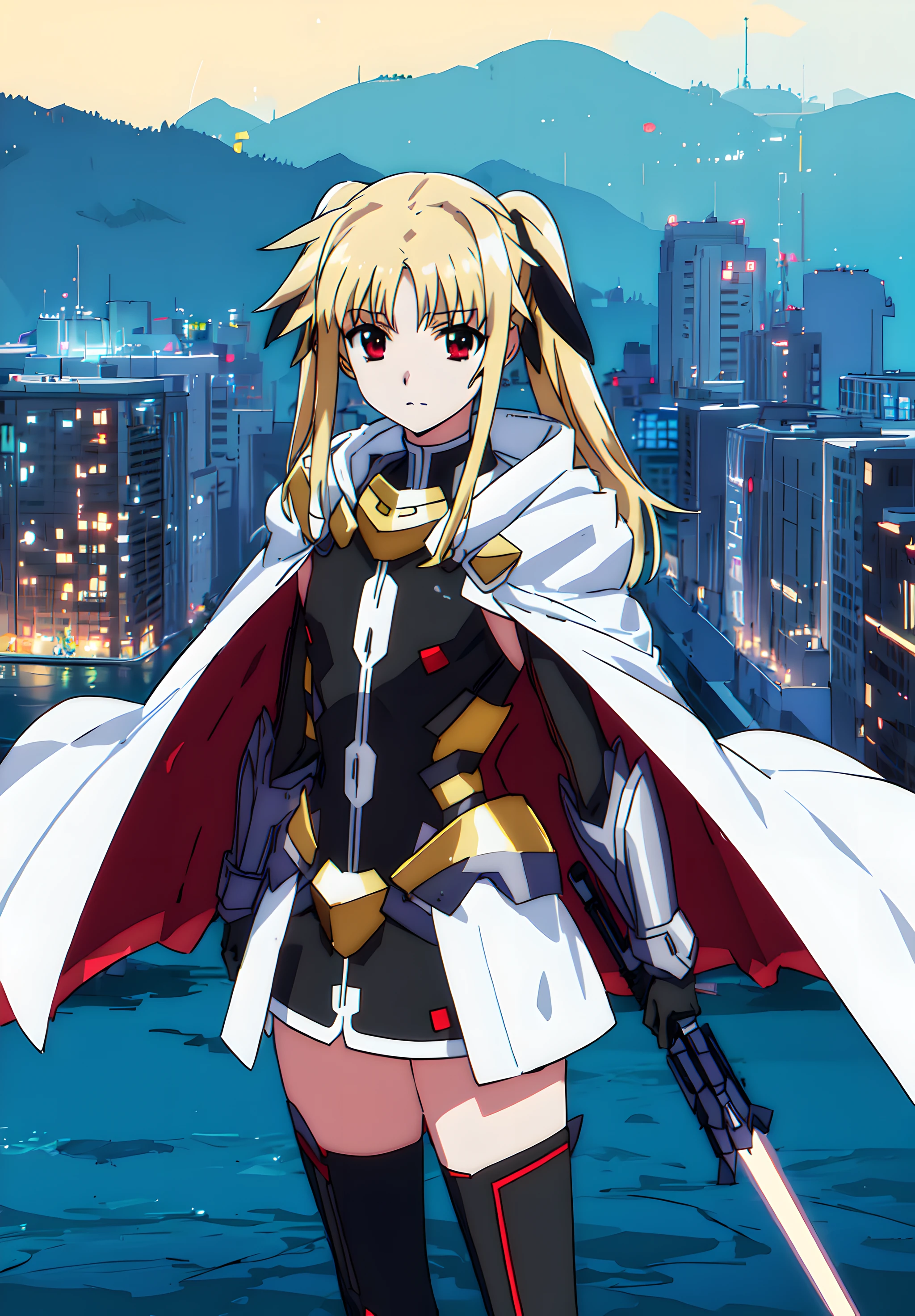 <lora:fate_v2:0.8>,fate,1girl,super fine illustration,masterpiece,best quality,solo,cape,thighhighs,energy sword,landscape in town,cowboy_shot,