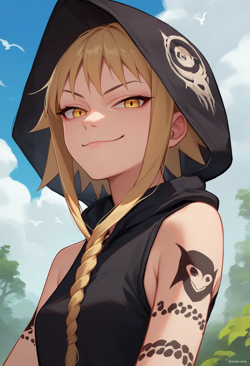 score_9, score_8_up, score_7_up, source_anime, upper body, solo, 1girl, medusagorgon, evil smile, closed mouth, looking at viewer, tattoo, braid, black hoodie, sleeveless hoodie, jewelry, bare shoulders, outdoors <lora:souleater_medusa_ponyXL:1>
