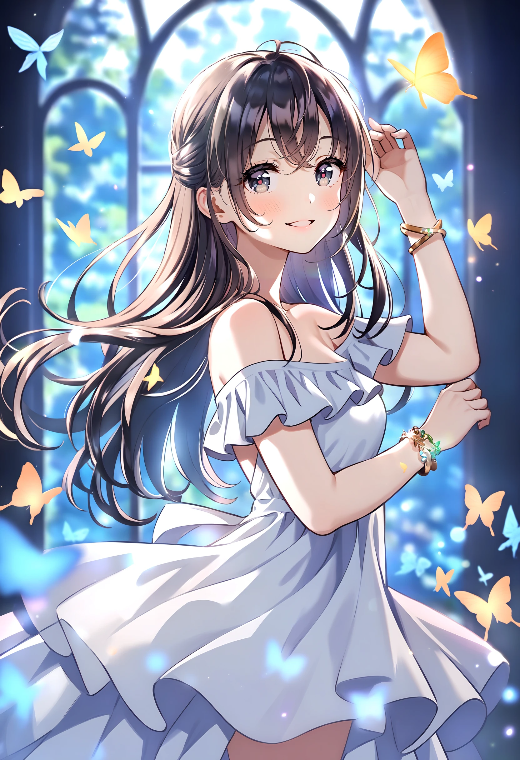 <lora:Animagine_Style8356194477-000450>, 1girl, solo, bangs, blush, smile, looking at viewer, full body, outdoors, best quality, very aesthetic, absurdres, arm up, bare arms, bare shoulders, black eyes, black hair, blurry, bracelet, bug, butterfly, depth of field, dress, from side, glowing, hair between eyes, hands up, jewelry, light blush, long hair, looking to the side, off shoulder, off-shoulder dress, parted lips, short dress, sleeveless, sleeveless dress, standing, white dress, window,