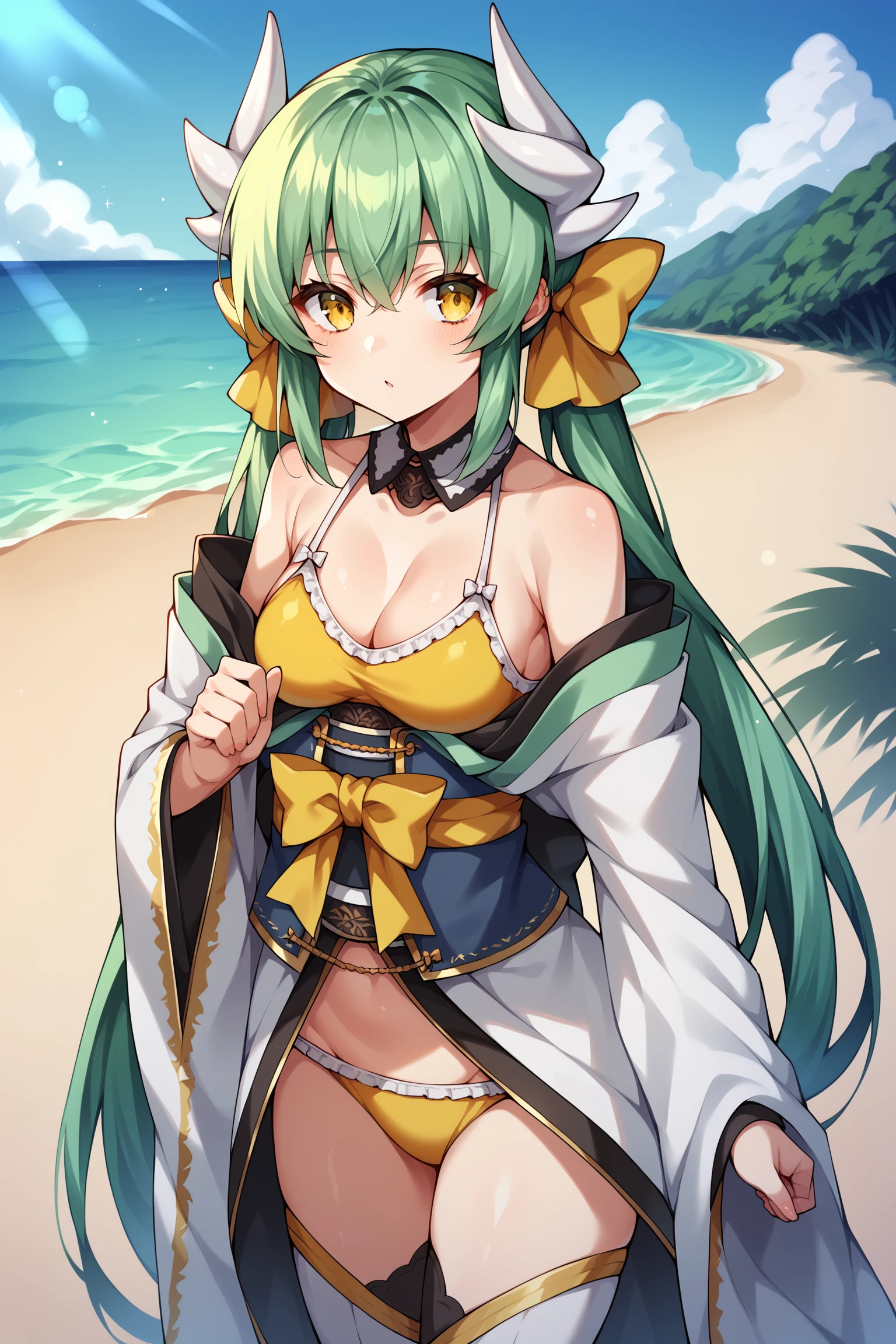 anime artwork best quality, masterpiece, highly detailed, ultra-detailed, score_9, score_8_up, score_7_up, score_6_up, source_anime, BREAK, trending on danbooru, pixiv, artstation, cgsociety, ,by goma_satoshi,, Ludwig Mies van der Rohe . anime style, key visual, vibrant, studio anime, highly detailed, 1girl, absurdres, ass_visible_through_thighs, beach, breasts, brown_hair, cloud, collar, collarbone, colored_inner_hair, commentary, day, flower, goddess_of_victory:_nikke, green_hair, guilty_(nikke), guilty_(wave_of_disbelief)_(nikke), haganef, hair_behind_ear, hair_between_eyes, hair_flower, hair_ornament, highres, huge_breasts, island, leaf_hair_ornament, long_hair, looking_at_viewer, multicolored_hair, ocean, official_alternate_costume, outdoors, purple_eyes, single_thighhigh, sky, slingshot_swimsuit, smile, solo, straight-on, swimsuit, thighhighs, very_long_hair, water, white_flower, white_slingshot_swimsuit, white_thighhighs; safe, best quality, masterpiece, highly detailed, ultra-detailed, score_9, score_8_up, score_7_up, score_6_up, source_anime, BREAK, trending on danbooru, pixiv, artstation, cgsociety,,by goma_satoshi,, Ludwig Mies van der Rohe, cute cool color balanced perfect composition, glowing rich colors, amazing deep aesthetic, very inspirational, fine detail, full intricate stunning great light, striking beautiful epic, cinematic, winning scenic, best, ambient, artistic, sharp, fantastic, lovely grand surreal inspired, sweet wonderful atmosphere, pure brilliant, coherent, flourishing, pretty, complex, iconic, colorful, open background