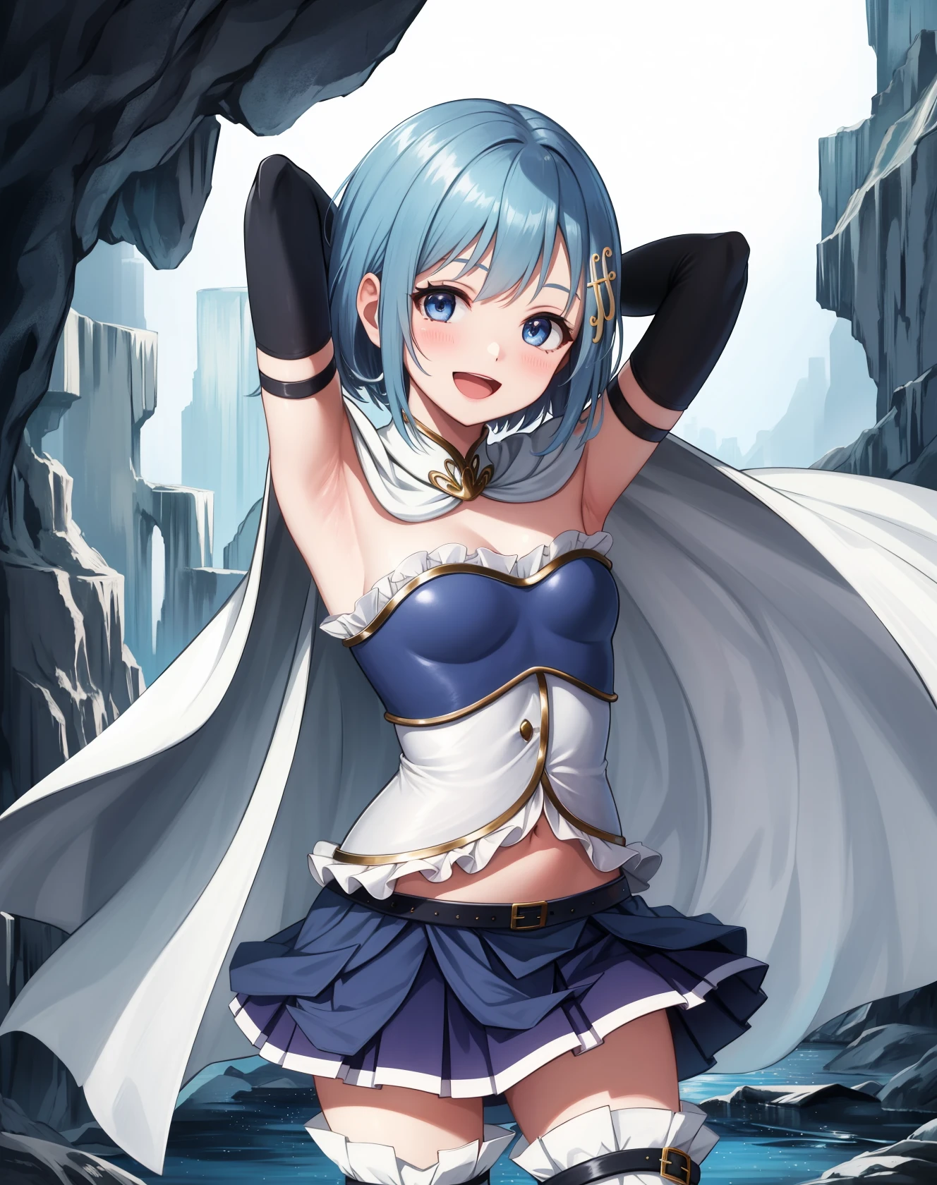 masterpiece, best quality, highres,
MikiAi, 1girl, solo, blue eyes, blue hair, blush, smile, short hair, open mouth, hairclip, hair ornament, musical note hair ornament, musical note, fortissimo,
skirt, gloves, white gloves, :d, midriff, belt, cape, magical girl, armband, thighhighs, belt, white thighhighs, zettai ryouiki, white cape,
standing, cowboy shot, looking at viewer, arms behind head, arms up, armpits, outdoors, cave, darkness, shadow, stalactite, <lora:Miki:1>