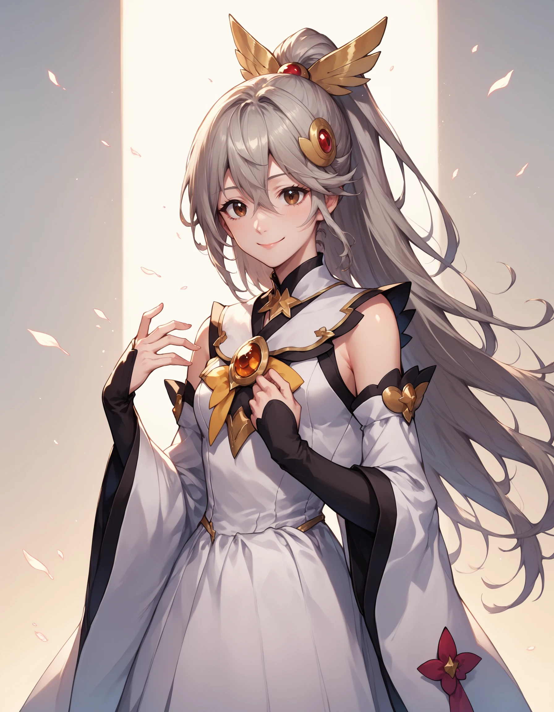score_9, score_8_up, score_7_up, score_9, BREAK Hellaine Style, minowa gin, 1girl, solo, long hair, brown eyes, grey hair, ponytail, hair ornament, hair between eyes, detached sleeves,wide sleeves,long sleeves,white dress,magical girl,smile <lora:HellainePonyXL:0.8>