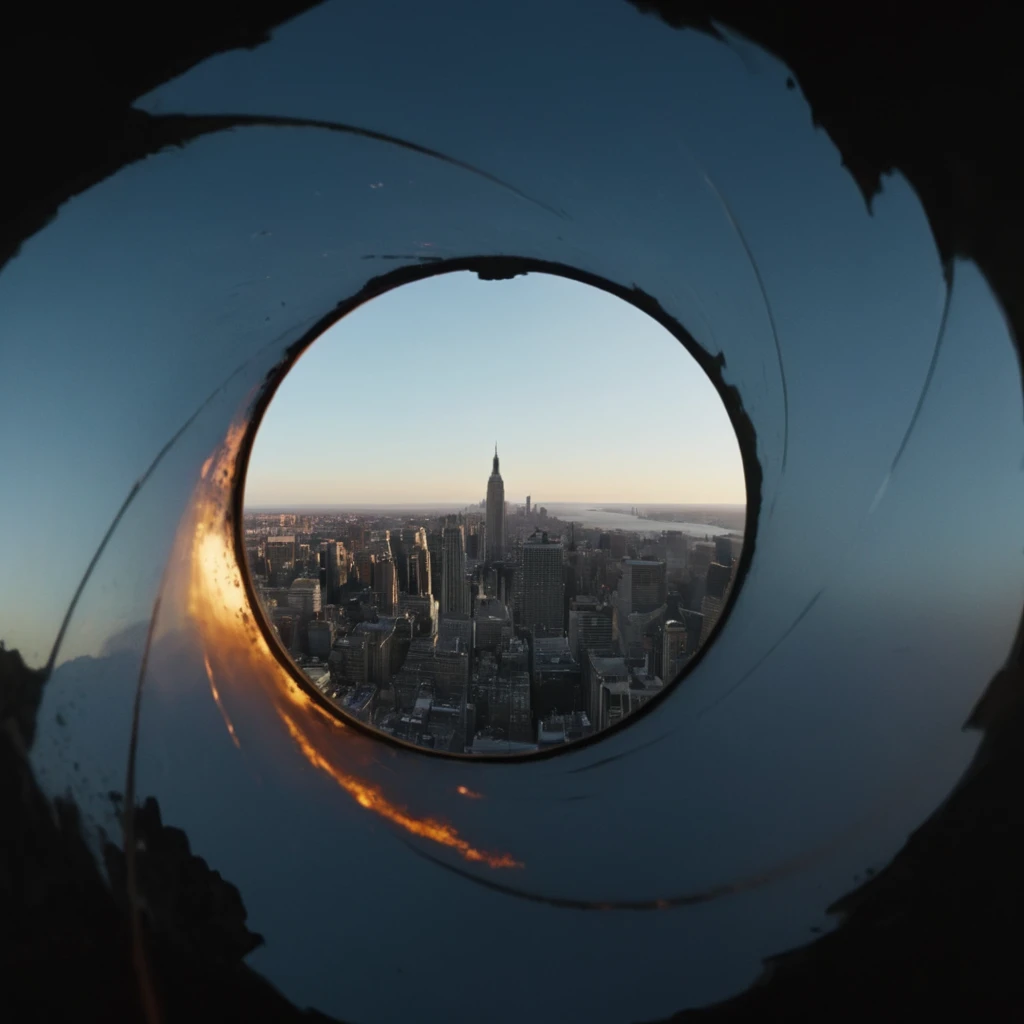 UHD, 4k, ultra detailed, cinematic, a photograph of <lora:Gun barrel sequence v2:0.6>
a view of a city from a window is see through a medium hole window,sky,no humans,window,building,scenery,city,cityscape , Gun barrel hole,  gun barrel's interior,  pinhole camera,, epic, beautiful lighting, inpsiring