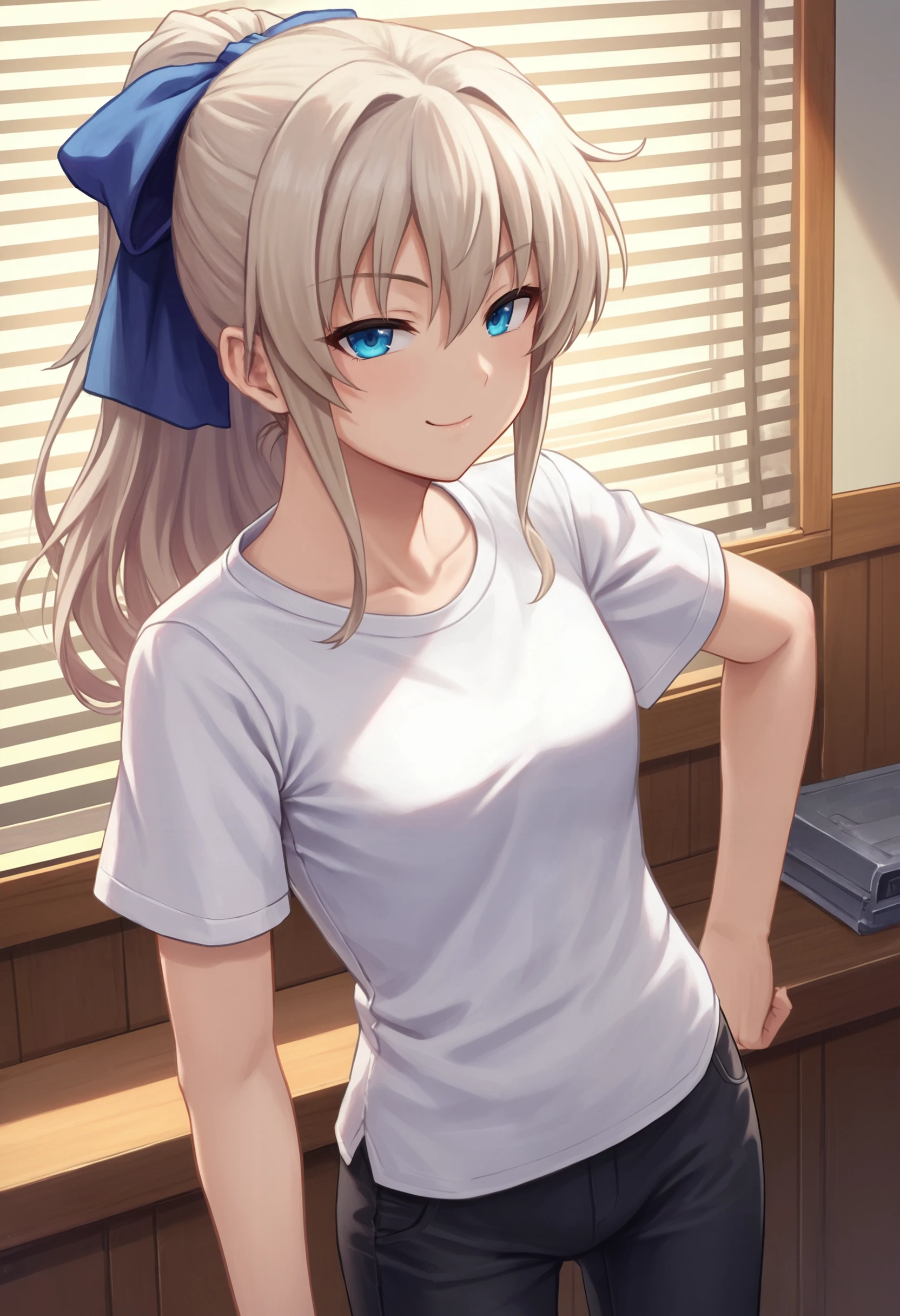 zPDXL, source_anime, cowboy shot, BREAK
tomori nao, ponytail, hair bow, black pants, white shirt, short short sleeves,
closed mouth, naughty face,
standing,
indoors <lora:nao-ponyxl-kohya-006:0.6>
