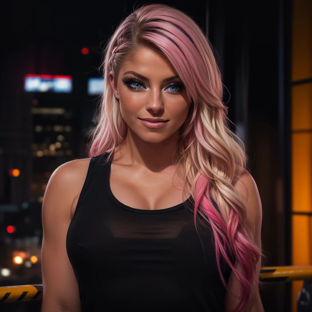 Best_QualityPos, RAW photo, intricate details, best quality, 8k uhd, soft lighting, 1girl, solo, alexa bliss, blue eyes, long hair, multicolored hair, pink hair, blonde hair, black tank top <lora:Alexa_Bliss:0.6> <lora:exposure_control_v10:-0.45>