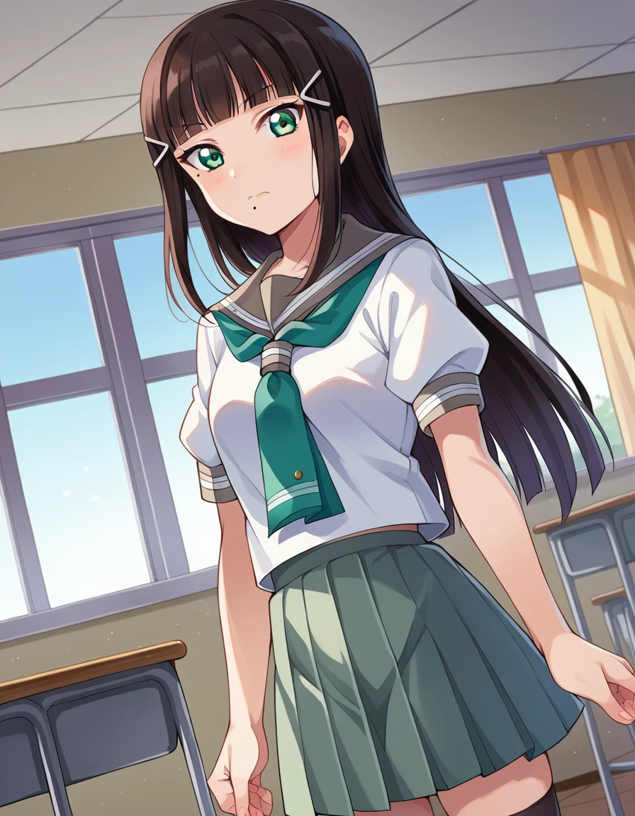 score_9, score_8_up, score_7_up, source_anime,
diakurosawa, <lora:dia-kurosawa-ponyxl-lora-nochekaiser:1>,
dia kurosawa, long hair, bangs, black hair, hair ornament, green eyes, sidelocks, hairclip, blunt bangs, mole, mole under mouth,
skirt, school uniform, short sleeves, pleated skirt, serafuku, socks, neckerchief, kneehighs, black socks, green neckerchief, grey skirt, uranohoshi school uniform,
indoors, classroom,
looking at viewer, cowboy shot, dutch angle,