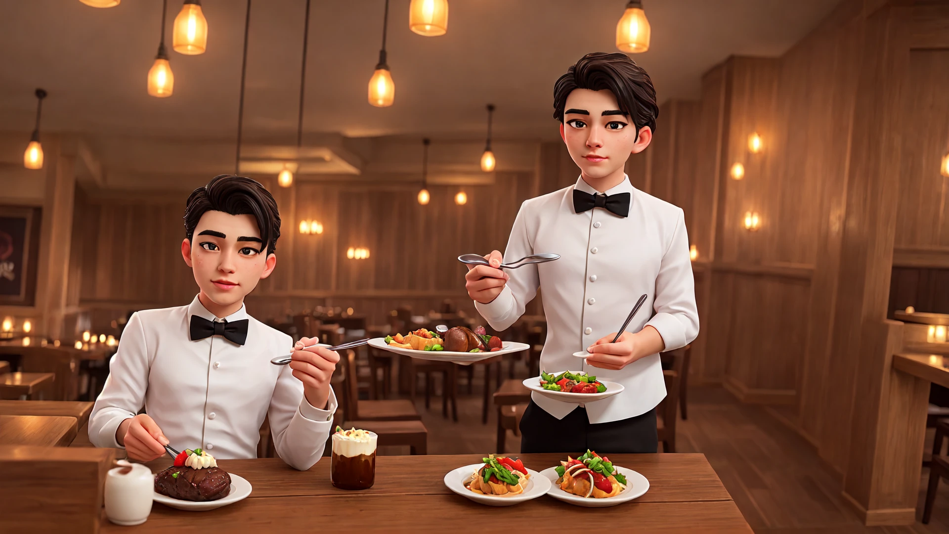 (masterpiece), (best quality), (ultra-detailed), waiter in tuxedo, restaurant, restaurant table, luxury restaurant, symmetry, hosts, photography, disheveled hair, detailed eyes, perfect composition, moist skin, intricate details, by wlop