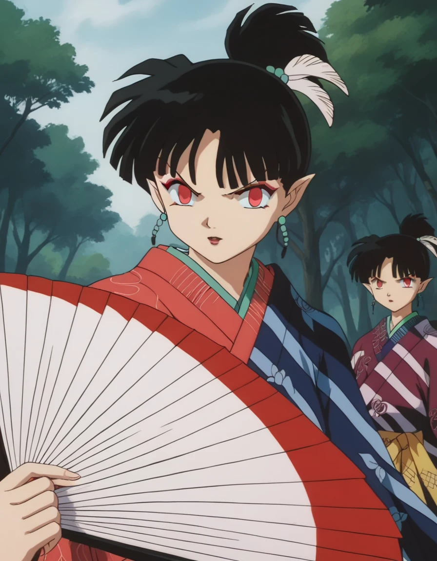 score_9, score_8_up, score_7_up, source_anime,
inuyashakagura, <lora:inuyasha-kagura-ponyxl-lora-nochekaiser:1>,
kagura, black hair, hair ornament, red eyes, pointy ears, makeup, feathers, feather hair ornament, ponytail,
jewelry, earrings, japanese clothes, kimono, makeup, hand fan, folding fan, red kimono, holding fan,
outdoors, forest, nature,
looking at viewer,