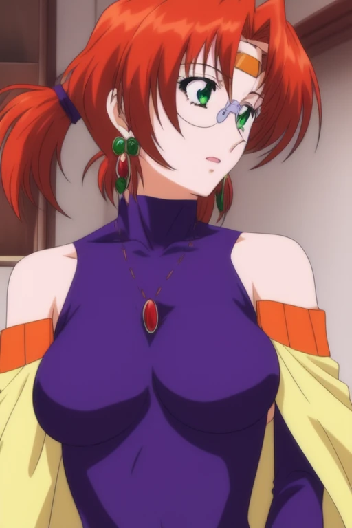 <lora:Aila:1>,  Aila, 1girl, soro, glasses, jewelry, earrings, short hair, red hair, green eyes, orange hair, ponytail, breasts, circlet, bare shoulders, 1990s (style), upper body
masterpiece, high quality, very_high_resolution, large_filesize, full color,