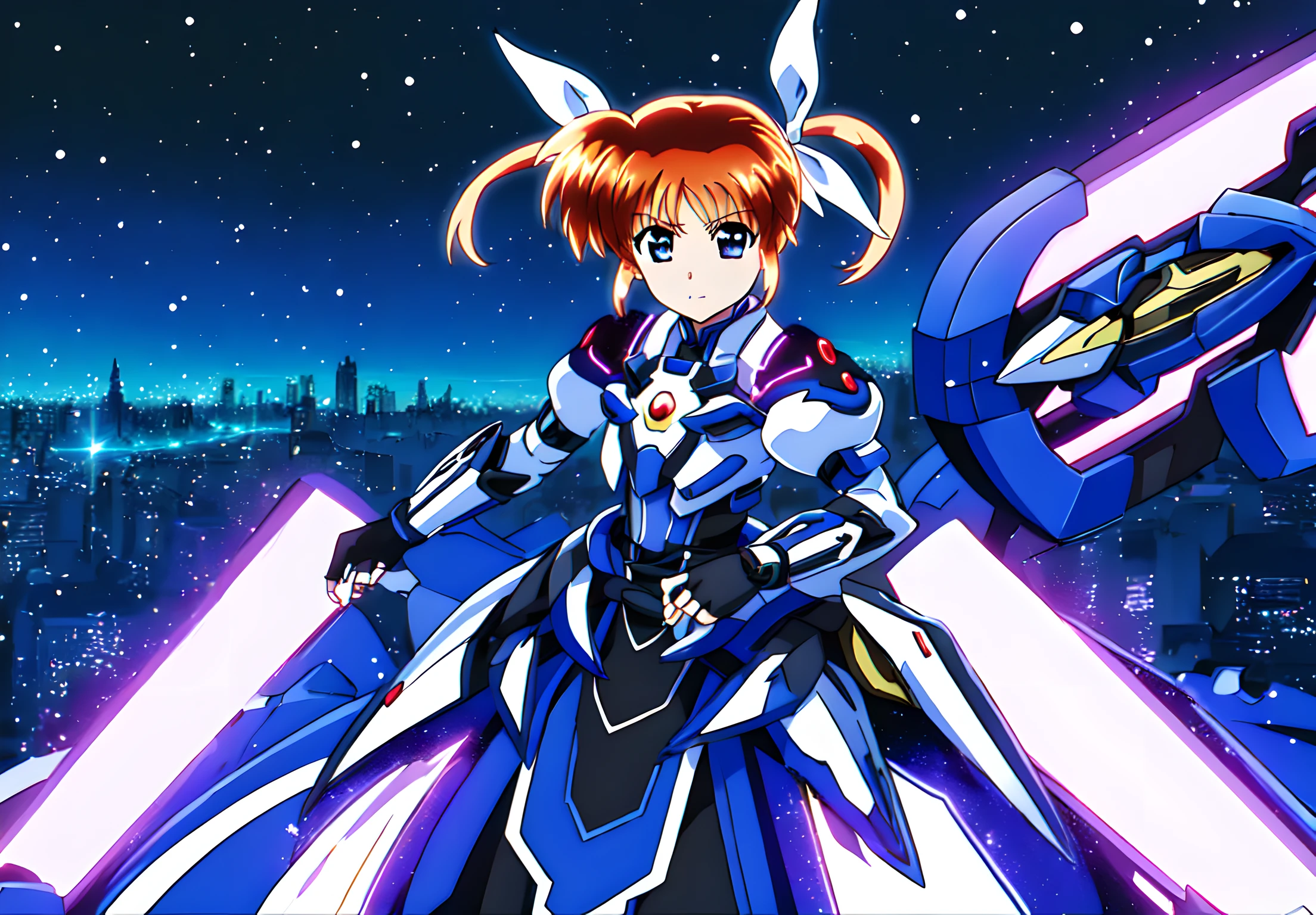 <lora:nanoha:0.8>,nanoha,1girl,super fine illustration,masterpiece,best quality,solo,gloves,armor,dress,puffy sleeves,long sleeves,blue Hand armor,black gloves,fingerless gloves,light particle,cityscape,