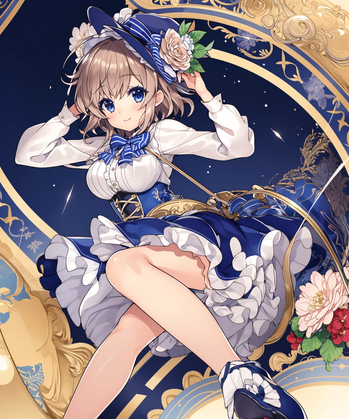 <lora:Anri_GirlsSymphony:0.9>, anri \(girls symphony\), 1girl, short hair, messy hair, light brown hair, blue eyes, solo, best quality, large breasts, bare legs,
anri clothes, hat, striped bowtie, white shirt, indigo skirt, frilled skirt, indigo corset, flower hat, medium breasts, shoes, socks, long sleeves, simple background,
