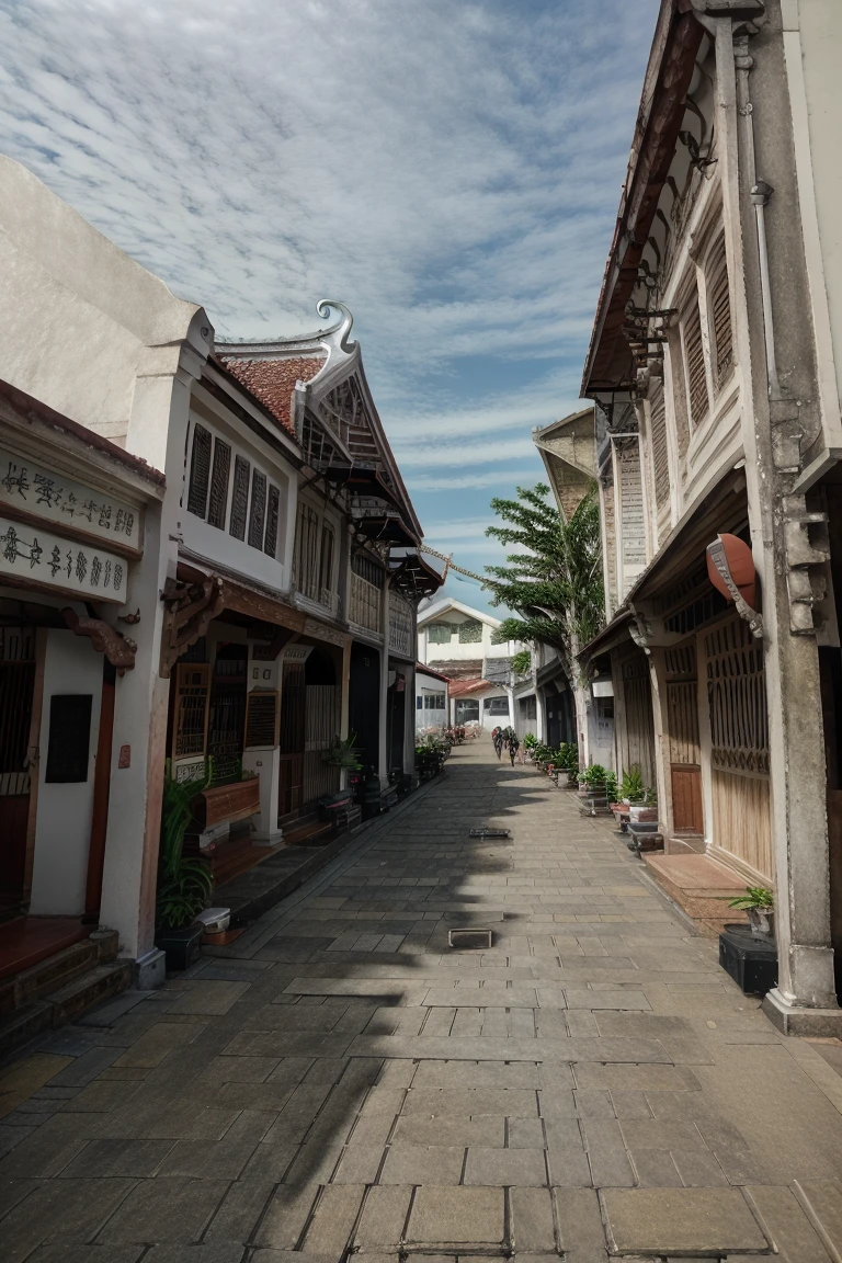 architecture, building, (shophouse), cityscape, scenery, Southeast Asia, George Town, Penang, vintage, historical, heritage, orange tiled roof, pedestrian arcade, narrow facade, long windows, no humans, road, perfect proportions, perfect perspective, 8k, masterpiece, best quality, high_resolution, high detail, photorealistic,Historical Taiwanese Temple