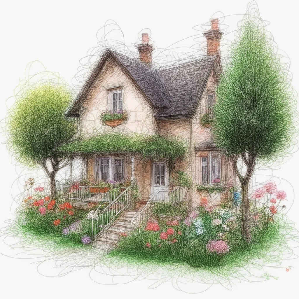 <lora:xl_Scribble style(base):1>,Scribble style,a cute house, solo, with a garden,