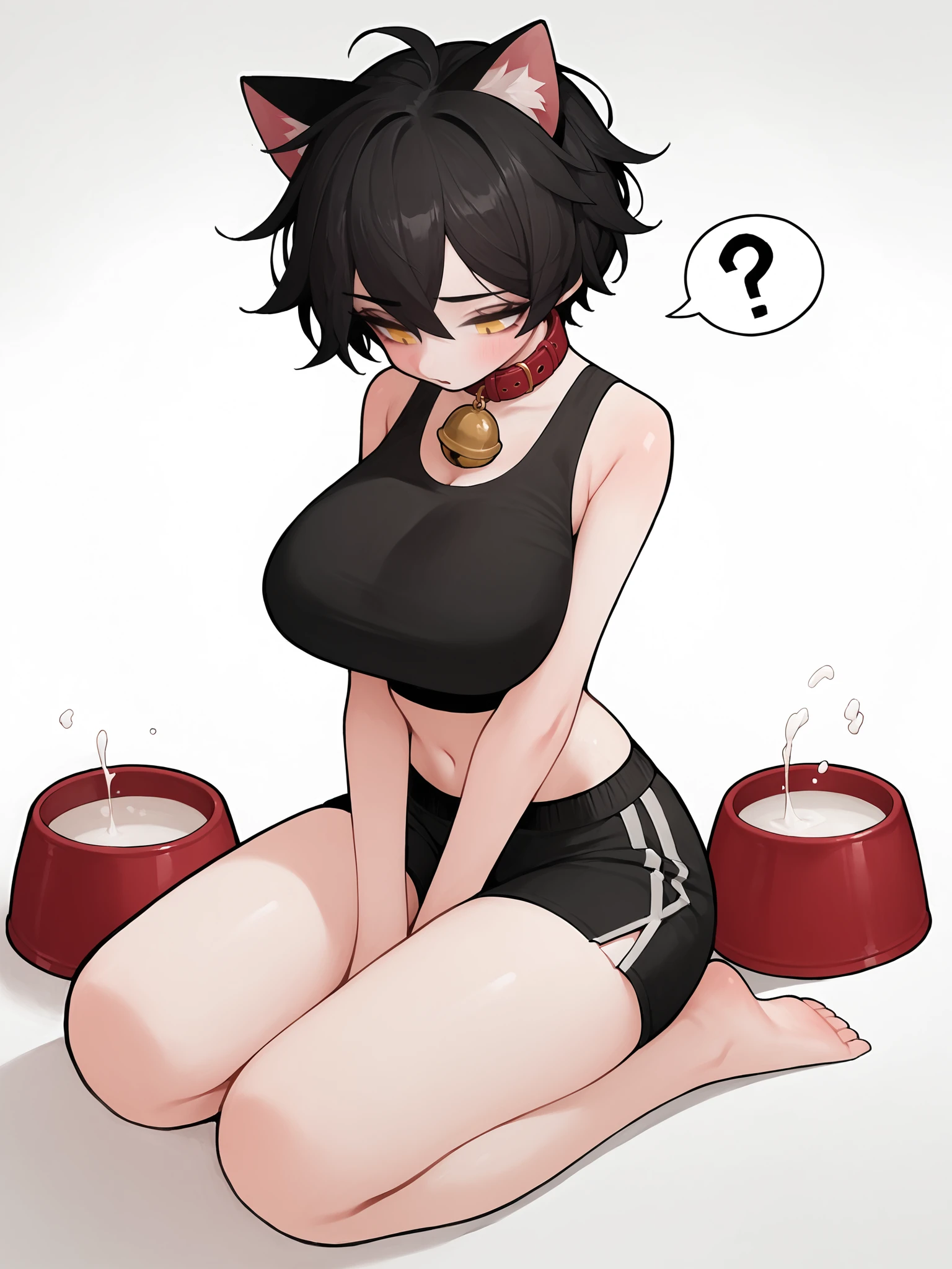 score_9, score_8_up, score_7_up, score_6_up, score_5_up, score_4_up,
BREAK
1girl, black hair, short hair, messy hair, yellow eyes, cat ears, spoken question mark, half-closed eyes, squinting, neck bell, looking down,
BREAK
solo, kneeling, barefoot, black crop top, black top, sleeveless, stomach, large breasts, black sport shorts, red collar, hands between legs, milk bowl, red bowl,
BREAK
white background, <lora:Lunas-Rabbit-SDXL-A1:1>