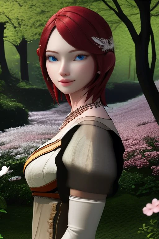 Tall, High quality, nonblurry, female focus, Ultra HD, HDR, 4K, hyperdetailed, smooth lighting, solo, (fully clothed, masterpiece, epic lighting, good shading, studio quality), Princess Elise, smile, fair peach skin, short red hair, blue eyes, white dress, silver earrings, a gem necklace, tan pantyhose, red and silver high heels, hand on cheek, ((skinny, petite, epic lighting)), forest, cherry blossom forest, best_quality, perfect, cinematic lighting, highest quality, intricate details, hdr, cinematic, intense,