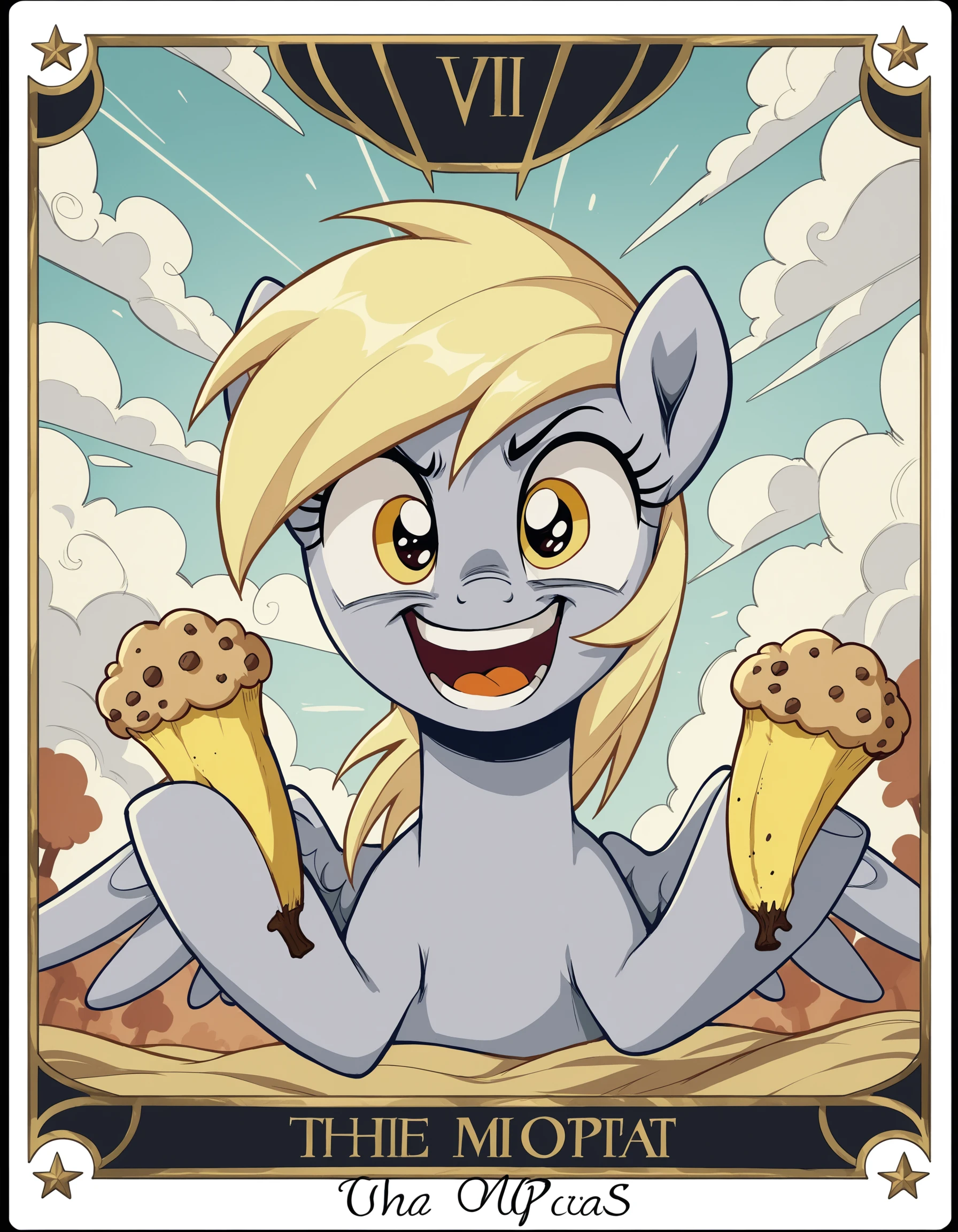 score_9, score_8_up, score_7_up, score_6_up, score_5_up, score_4_up, TarotCard Style, Derpy Hooves, banana and choco chip muffin, WIL YOU BE MY MUFFIN?, MUFFIN!!!, crazy smile, crossed eyes, kawaii, comedic, silly, source_pony, glowing, retro art style, card border, roman numerals, Tarot Card, <lora:Tarot-CardPonyXL:0.8>