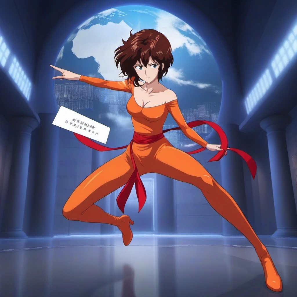 anime artwork a woman dressed in orange catsuit and red ribbon belt and short hair  in a museum throws a small white card   <lora:Catseye1024-000210:0.8> . anime style, key visual, vibrant, studio anime,  highly detailed