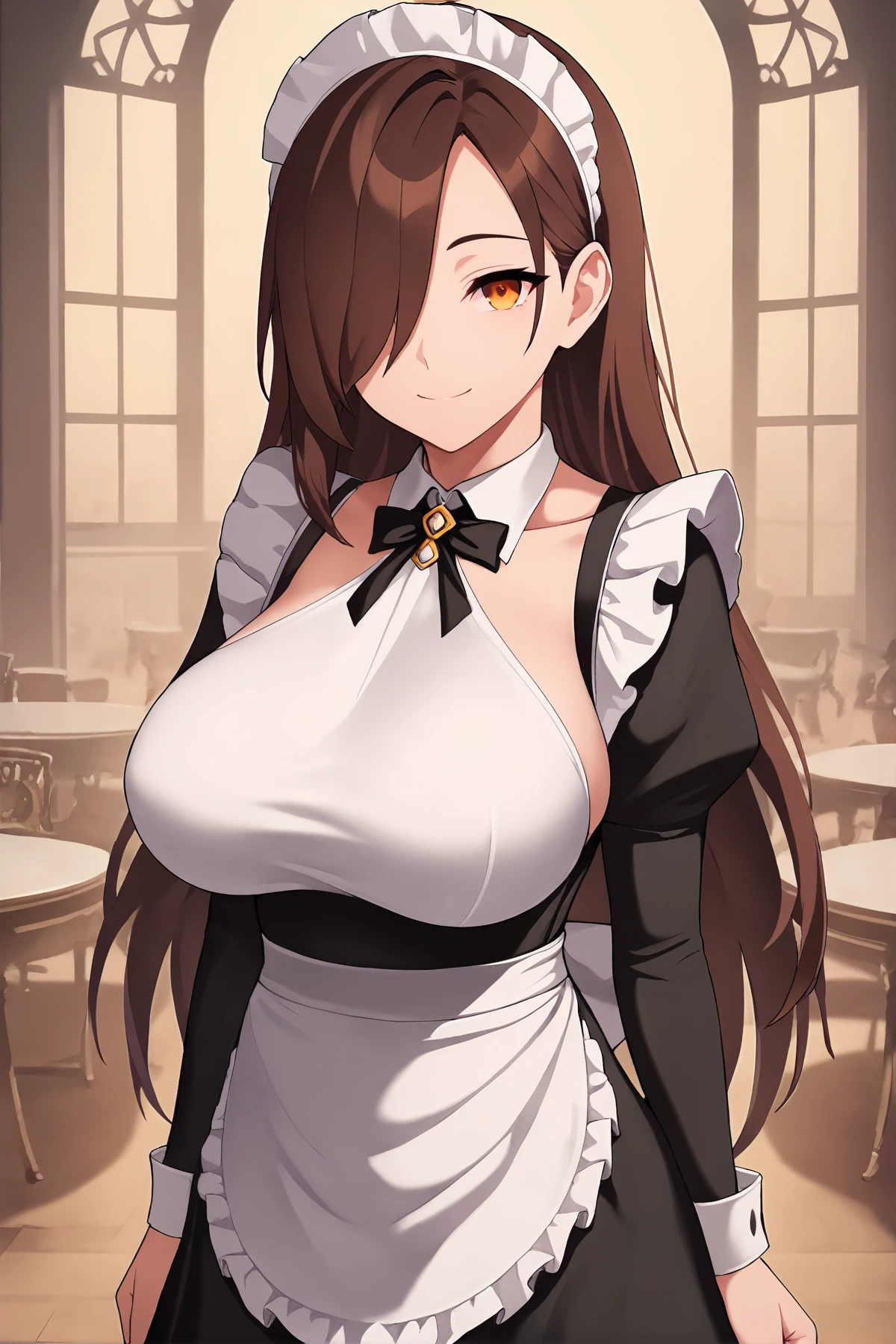score_9,
<lora:grimgrim_v1_lite:1>,
large breasts,
maid, smile,
long hair, brown hair, amber eyes, hair over one eye,
cowboy shot, looking at viewer,
rating_safe,
high resolution, Masterpiece