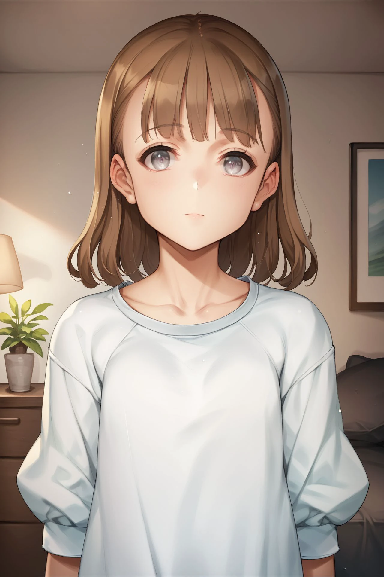 score_9, score_8_up, score_7_up, 1girl, looking at viewer, hands_behind_back, hungry, brown hair, micro bangs, silver eyes, flat chest, light blue raglan sleeves, glittering light, living room, fisheye <lora:oyari_ashito_PonyXL_style_v01:1>