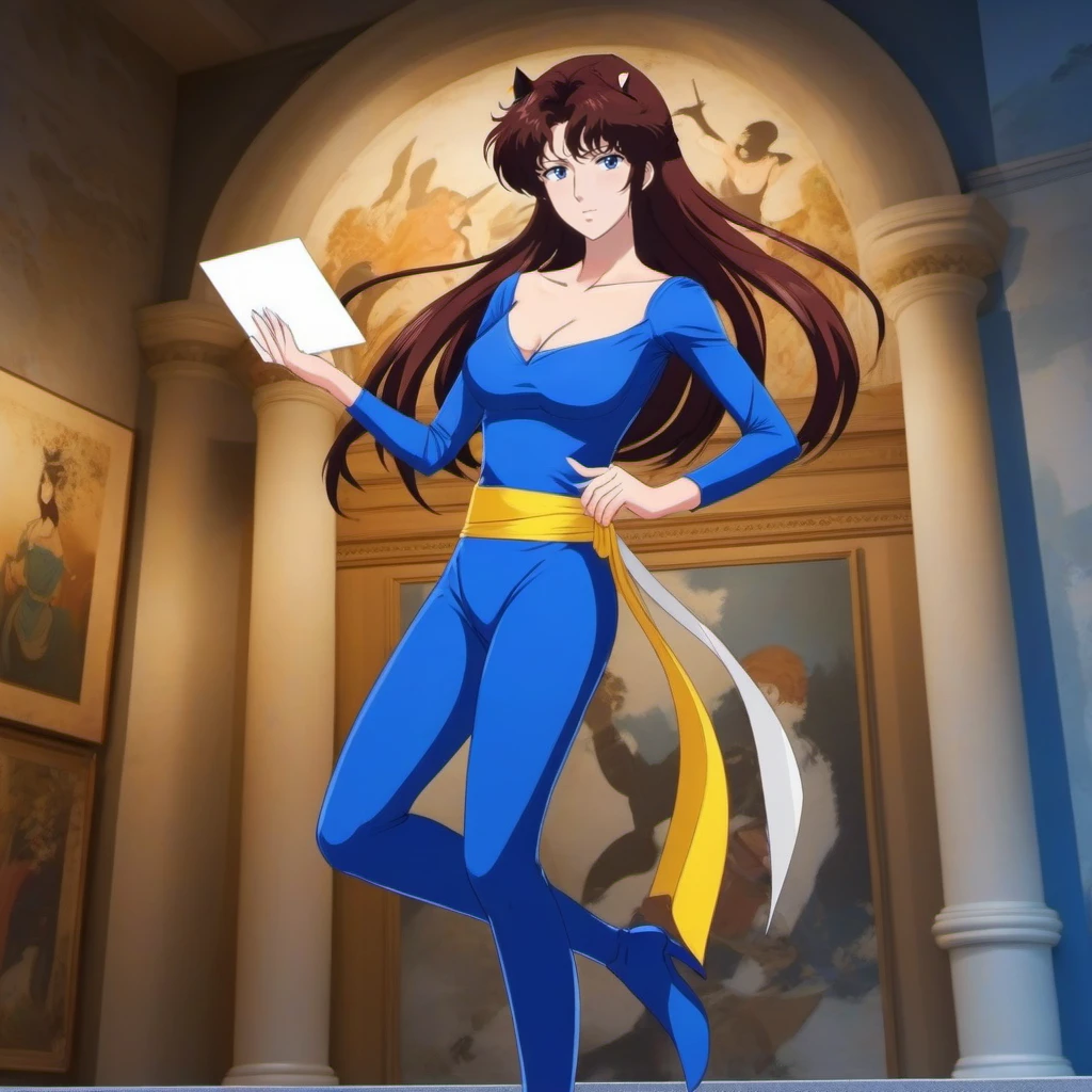 anime artwork a full body woman dressed in blue and a yellow ribbon belt in a museum holds a small white card with a cat face design <lora:Catseye1024-000210:0.8> . anime style, key visual, vibrant, studio anime, highly detailed