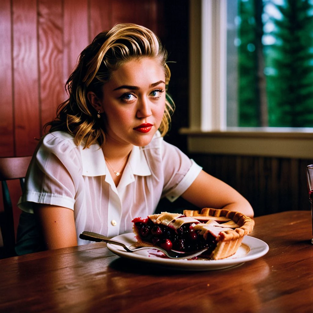 film photograph of  miley cyrus   sitting at a table with a slice of cherry pie, twin peaks style , film grain, grainy, sharp, cinematic  <lora:Twin_Peaks:1>