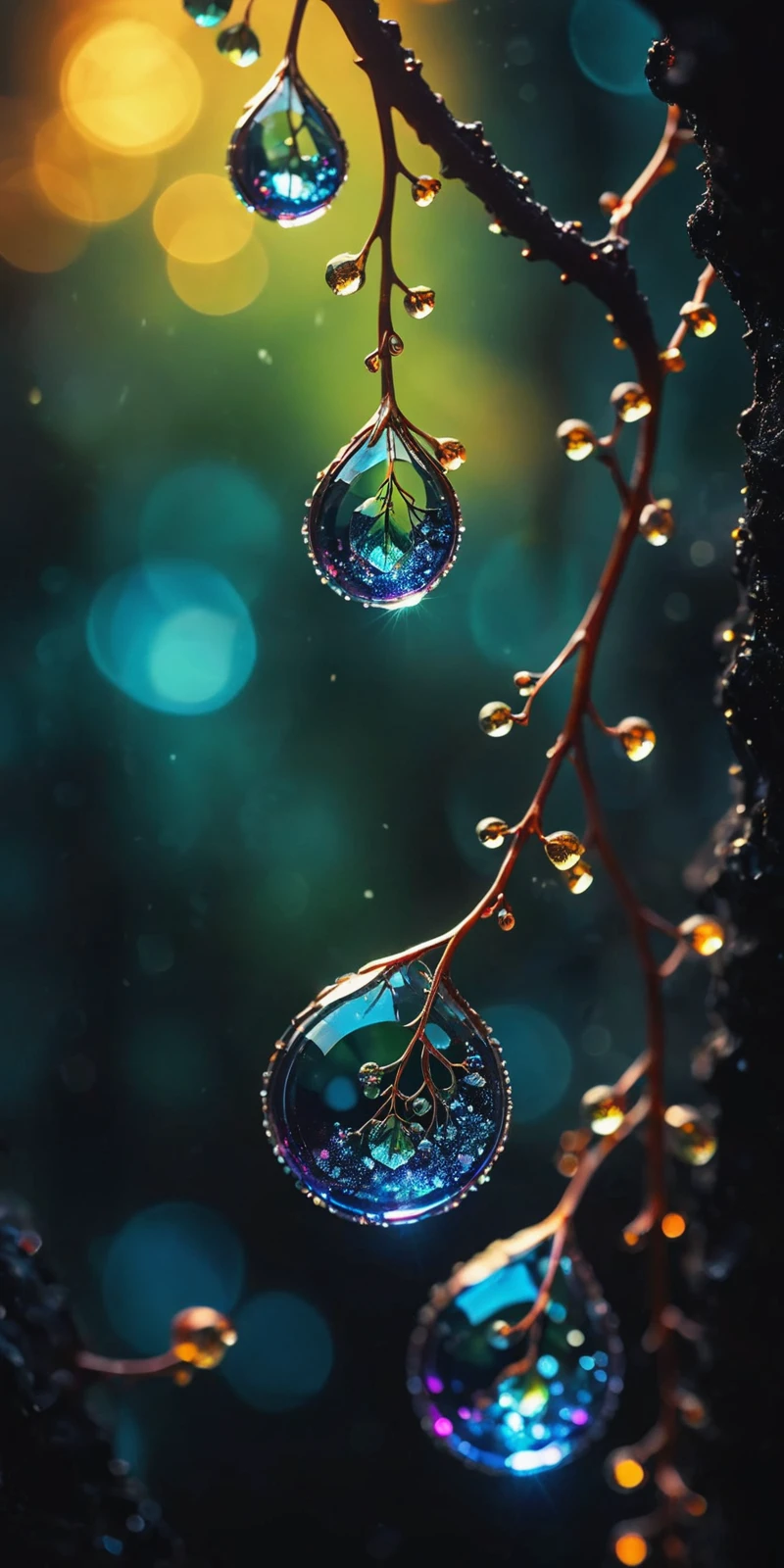 cinematic photo macro photo, sparkling dewdrops cling to a magical fantasy glass vine that runs from a high branch at the top near us down into molten lava, galaxy fantasy colors, [vertical orientation], open center area made of old paper. . 35mm photograph, film, bokeh, professional, 4k, highly detailed