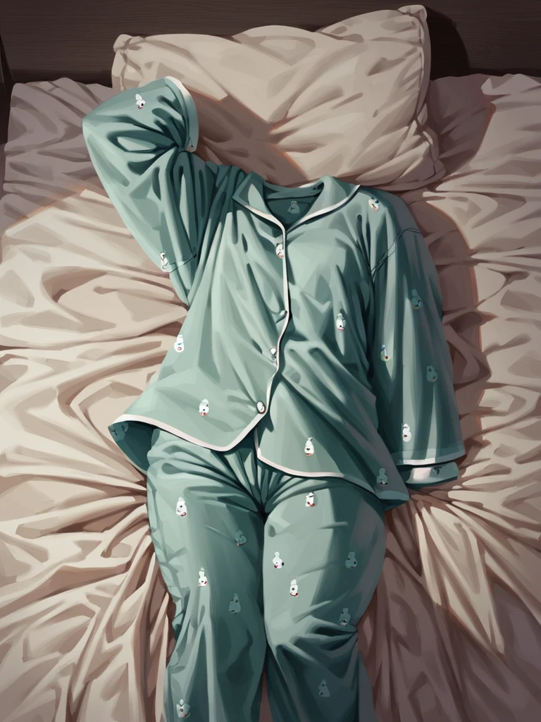 <lora:xl_Invisible person(pony)2:1>,invisible person,1girl,pajamas,bed,quilt,, score_9, score_8_up,