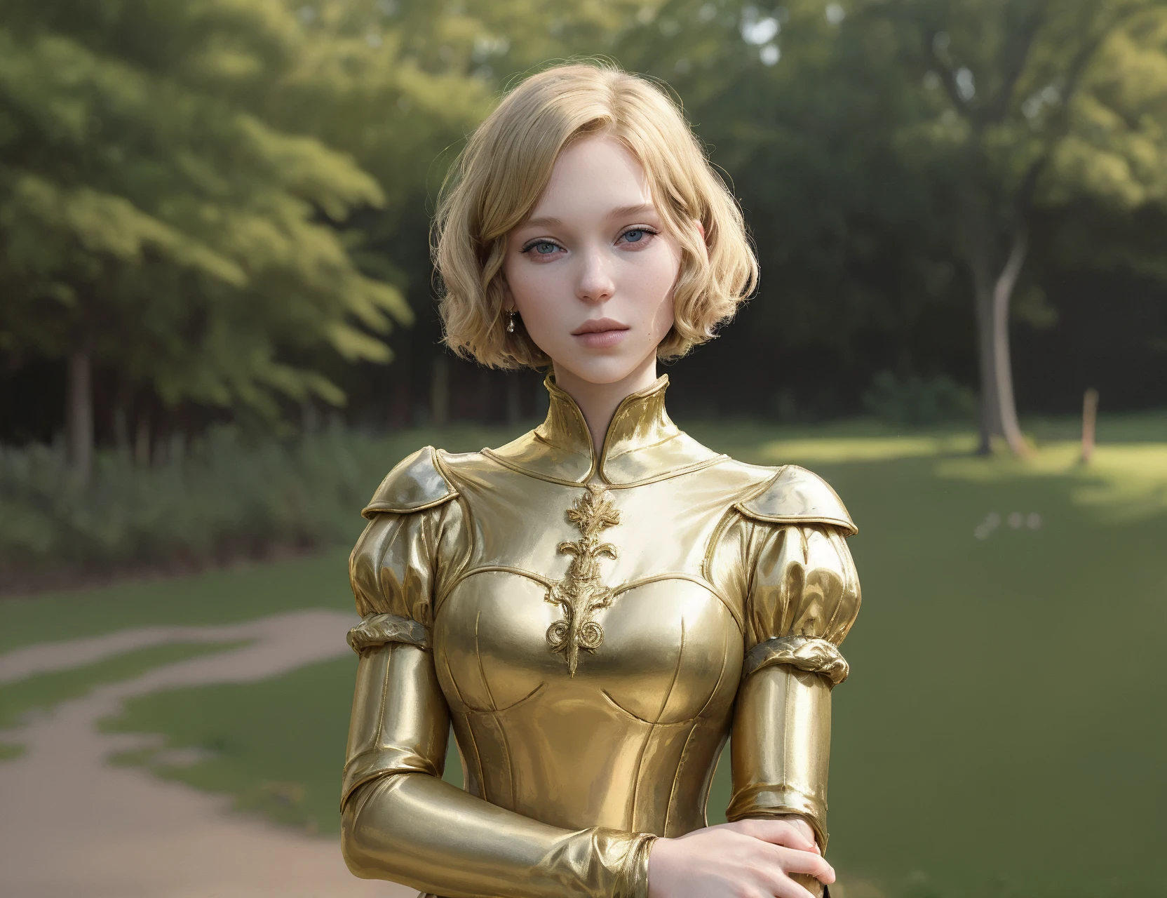 [face closeup of : : 0.2] lesydx wearing a medieval golden dress, medieval france outdoors, smug expression, short hairdo, realistic, <lora:LeSydx_v1_5_locon_96_96:1>