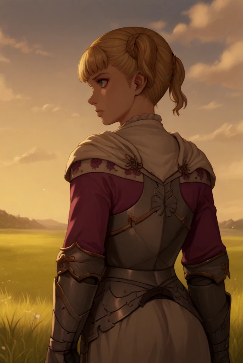 score_9, score_8_up, score_7_up, source_anime,solo, 1girl, looking away, 
<lora:FarnesePdxlDwnsty:1>, Farnese_Def, blonde hair, short hair,  twintails, lips, blue eyes, armor, gauntlets, breastplate, shoulder armor,
medieval, grass, cloudy sky, sunlight, from behind, back,