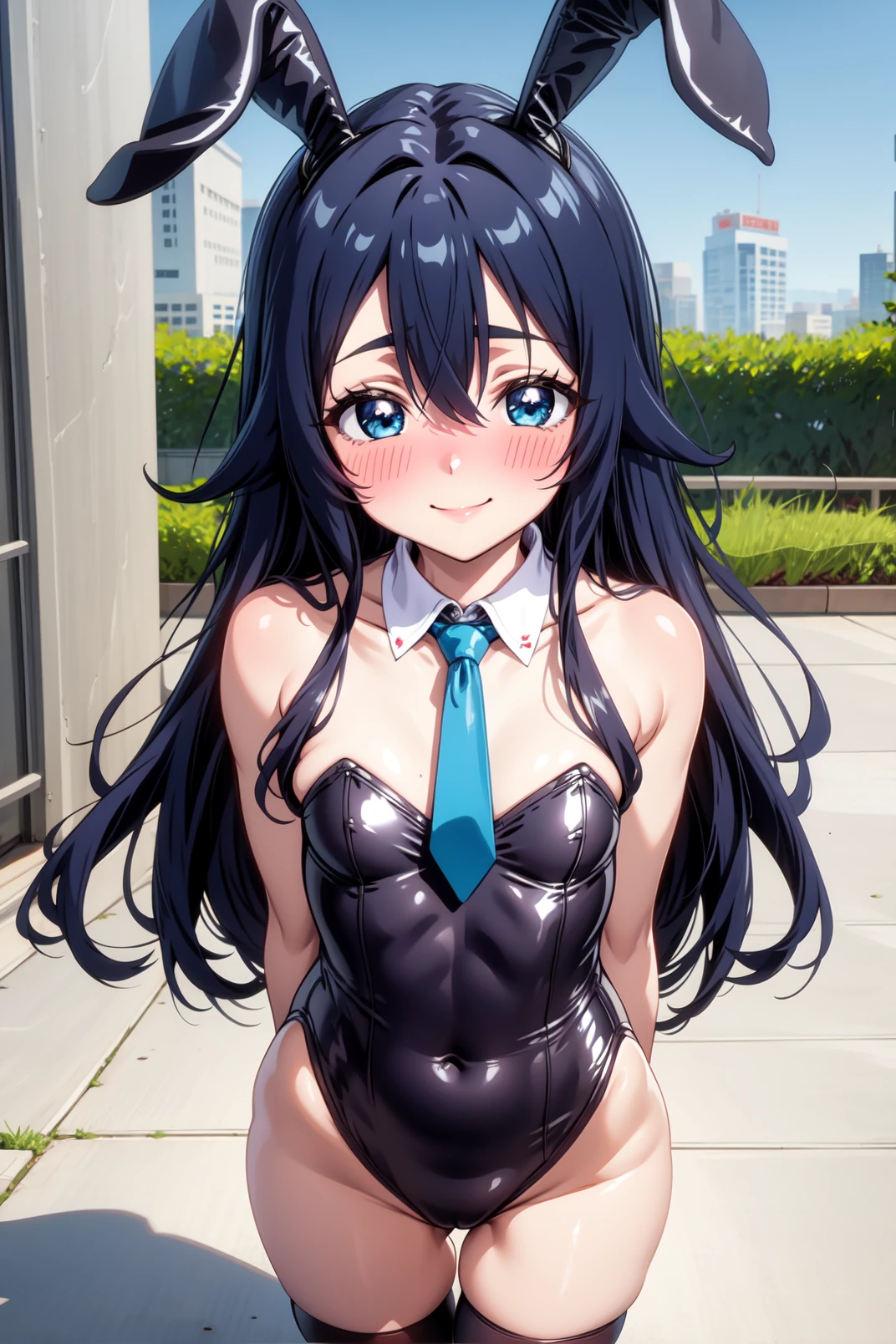 solo, masterpiece, best quality, outdoors, standing, blush, small breasts, smile, closed mouth, arms behind back, from above, shizuka, blue eyes, black hair, long hair, very long hair, hair between eyes, messy hair, rabbit ears, playboy bunny, leotard, detached collar, necktie, thighhighs