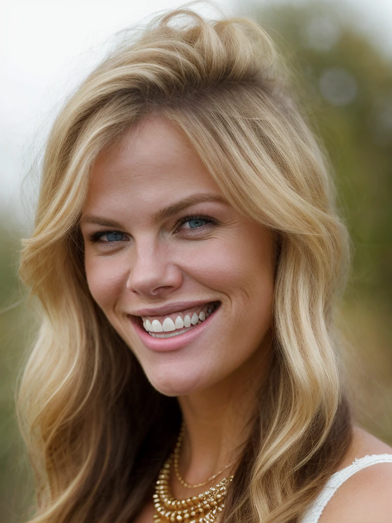 A beautiful br00klynd woman,1girl,solo,long hair,smile,blue eyes,blonde hair,jewelry,teeth,necklace,mole,grin,fangs,traditional media,sarashi,realistic,soft lighting, professional Photography, Photorealistic, detailed, RAW, analog, sharp focus, 8k, HD, high quality, masterpiece<lora:br00klynd:1.0>