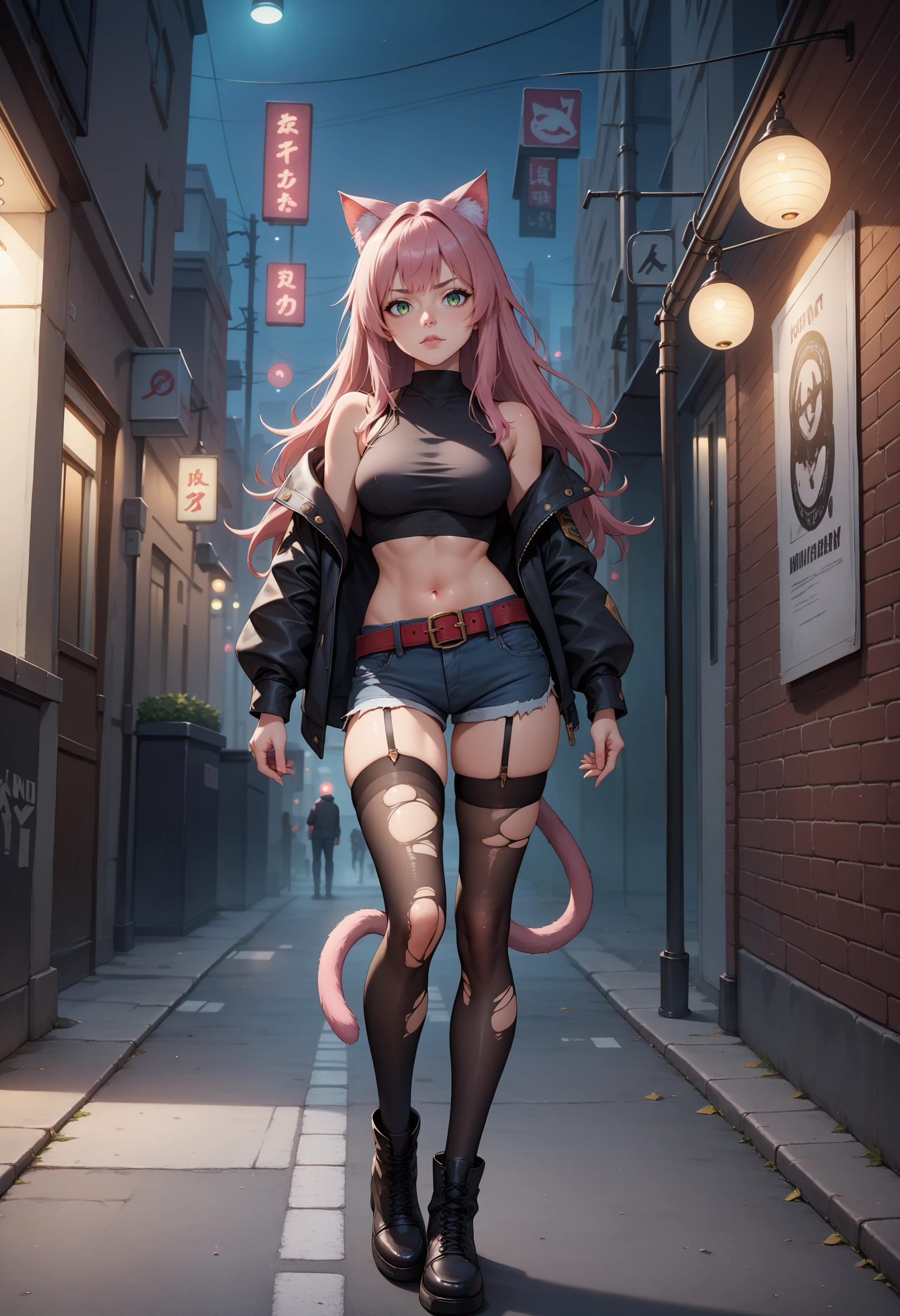 score_9, score_8_up, score_7_up, 1girl, standing, full body, night, dark city, alleyway, cat girl, tail, long hair, bangs, breasts, thighhighs, garter straps, shorts, black thighhighs, jacket, midriff, short shorts, torn thighhighs, torn clothes, long sleeves, black footwear, belt