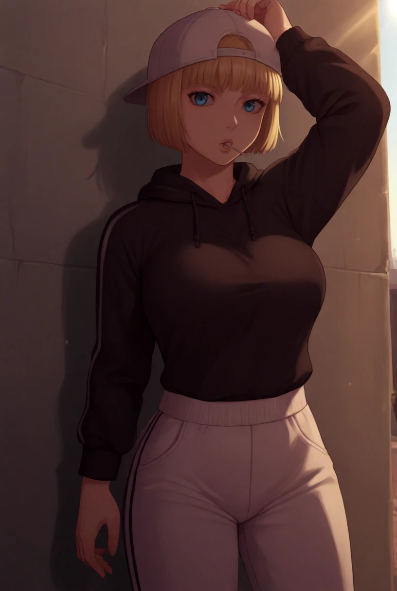 score_9, score_8_up, score_7_up, source_anime, solo, 1girl, looking at viewer, cowboy shot, 
<lora:FarnesePdxlDwnsty:0.8>,Farnese_Def,  blue eyes, blonde hair, bob cut, baseball cap, black hoodie, track pants, backwards hat, lollipop, arm up, against wall, 
large breasts, 
outdoors, street, sunlight, blue sky, sun, city,