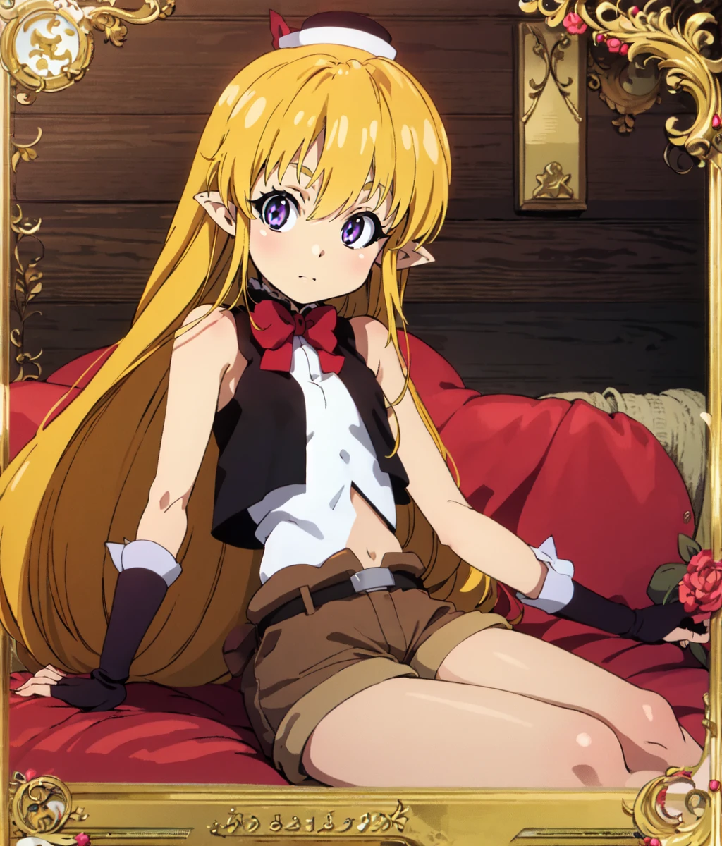 1girl, solo, pointy ears, really long hair, blonde hair, purple eyes, ribbon, vest, shorts, boots, hat, fingerless gloves, sitting, sofa, indoors, anime screencap <lora:Lisa 1.5:1>, Masterpiece, best quality, high resolution, unity 8k wallpaper, (illustration:0.8), (beautiful detailed eyes:1.6), extremely detailed face, perfect lighting, extremely detailed CG, (perfect hands, perfect anatomy),
