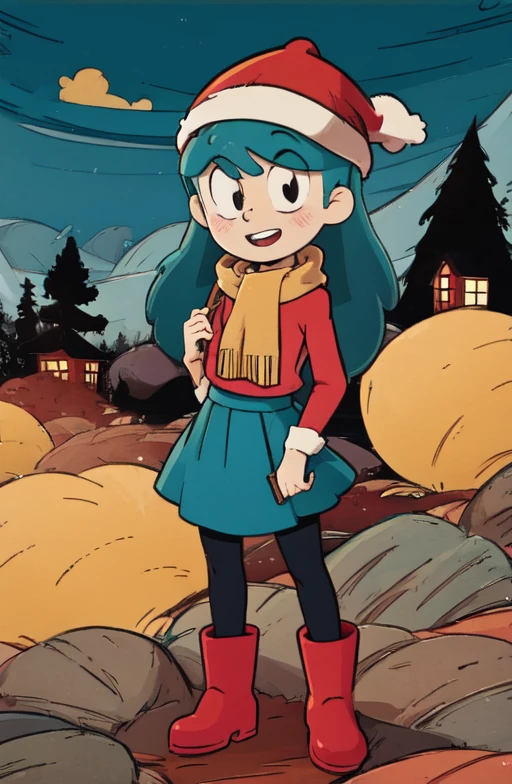 <lora:Hilda-Netflix_SD1-5 V1:1> hilda, long hair, blue hair, smile, red sweter, yellow scarf, red boots, black pantyhose, berret, blue skirt