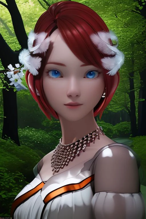 Tall, High quality, nonblurry, female focus, Ultra HD, HDR, 4K, hyperdetailed, smooth lighting, solo, (fully clothed, masterpiece, epic lighting, good shading, studio quality), Princess Elise, smile, fair peach skin, short red hair, blue eyes, white dress, silver earrings, a gem necklace, tan pantyhose, red and silver high heels, hand on cheek, ((skinny, petite, epic lighting)), forest, cherry blossom forest, best_quality, perfect, cinematic lighting, highest quality, intricate details, hdr, cinematic, intense,