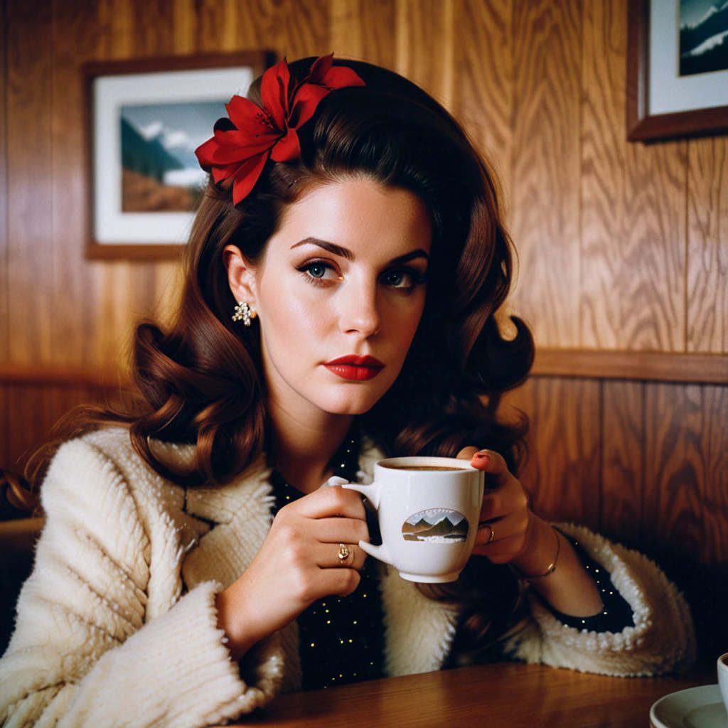 film photograph of  lana del ray drinking coffee, twin peaks style , film grain, grainy, sharp, cinematic  <lora:Twin_Peaks:1>