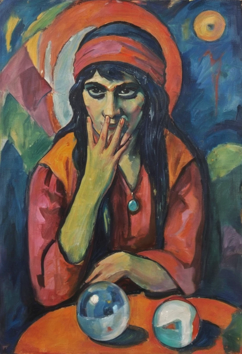 expressionist painting of a gypsy fortune teller gazing into a crystal ball that shows a vision of your future