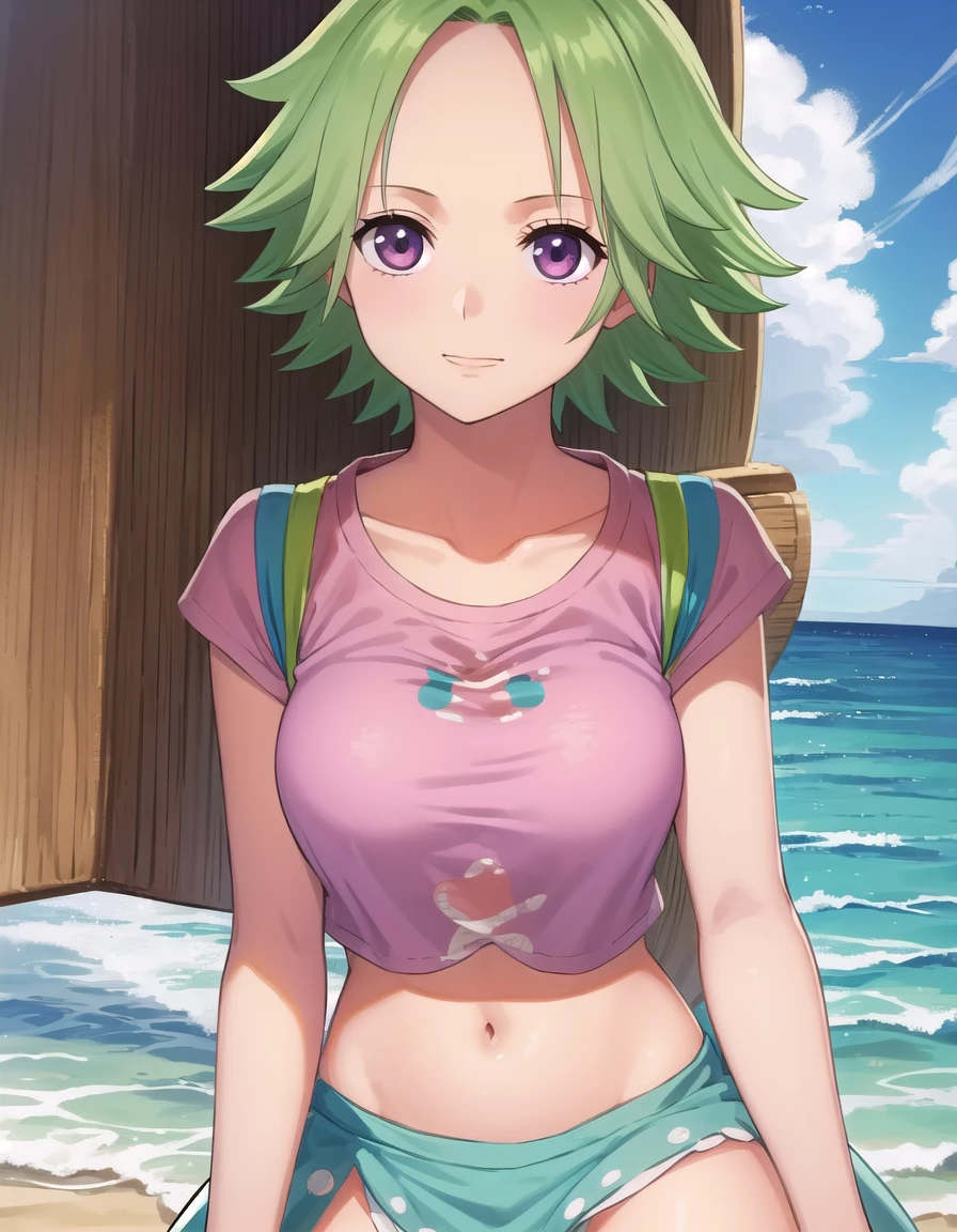onepiececamie, <lora:one piece camie-lora-nochekaiser:1>,
camie, short hair, green hair, monster girl, mermaid, (dark purple eyes:1.1), (parted bangs:1.5), (forehead:1.2), smile,
BREAK crop top, raglan sleeves, short sleeves, midriff, navel,
BREAK outdoors, ship, ocean, sea,
BREAK looking at viewer, (cowboy shot:1.5),
BREAK <lyco:GoodHands-beta2:1>, (masterpiece:1.2), best quality, high resolution, unity 8k wallpaper, (illustration:0.8), (beautiful detailed eyes:1.6), extremely detailed face, perfect lighting, extremely detailed CG, (perfect hands, perfect anatomy),