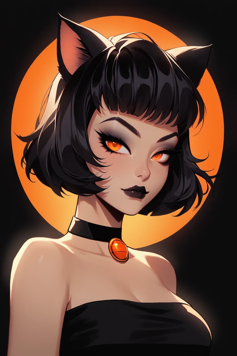 <lora:KuroCAT_Style:1>,  high resolution, highly detailed, perfect lighting, beautiful detailed eyes,   upper body, black background, 1girl, solo, looking at viewer, short hair, black hair, crop top, cat ears, busty, animal ears, sleeveless, strapless, orange eyes, upper body, makeup, choker, lipstick, eyeshadow, orange background, black lips