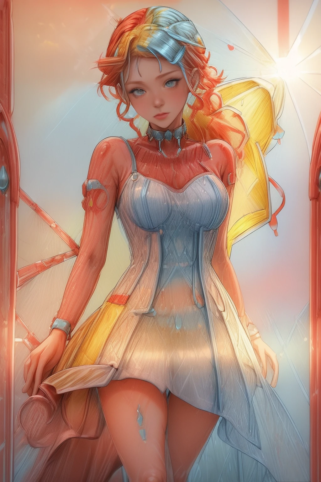 <lora:WaterDropsWorld:1.0> WaterDropsWorld 1woman (red and yellow hair:1.6) (punk tattoo, dress:1.3) walking in the (white light cyber city:1.2), <lora:more_details:1>