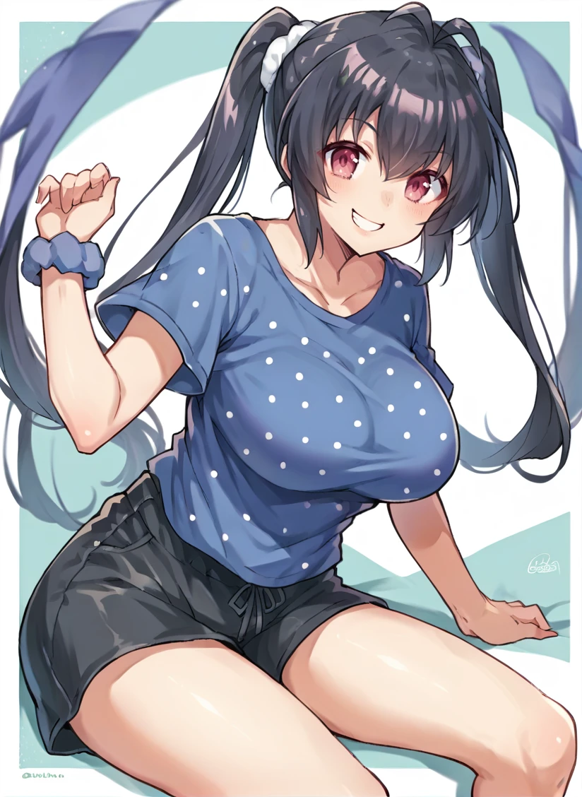 score_9, score_7_up, score_6_up, source_anime, 1girl, solo, hakobenaru, pink eyes, large breasts, blue shirt, polka dot, short sleeves, black shorts, hair scrunchie, smile, <lora:naru_SDXL-09:1>,