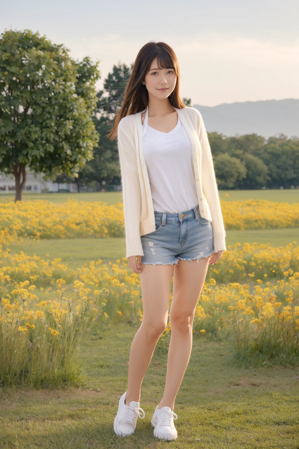 Canon RF85mm f/1.2,1girl, solo, realistic, long hair,black hair,by artist Aliza Razell:1.5),Absolute field,sky,night,Galaxy,simple background,women's clothing, V-neck, cardigan,high-end sweater, (fine sweater details: 1.2), realistic, (full body:1.4), Denim shorts, white cloth shoes, standing,night,(Take the flowers),Rye field background