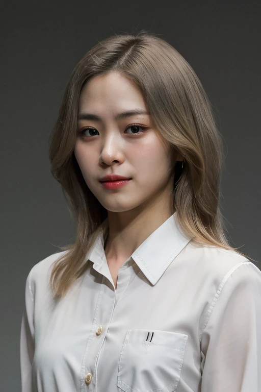 masterpiece, best quality, ultra-detailed, ultra high res, (photorealistic:1.4), raw photo, (realistic:0.2), 8k HDR, realistic lighting, 1girl, solo, looking at viewer, asymmetrical blonde hair, (detailed oily skin), (detailed face), (simple gray background :1.1), (upper body:1.2), black suits, white collared shirts,
