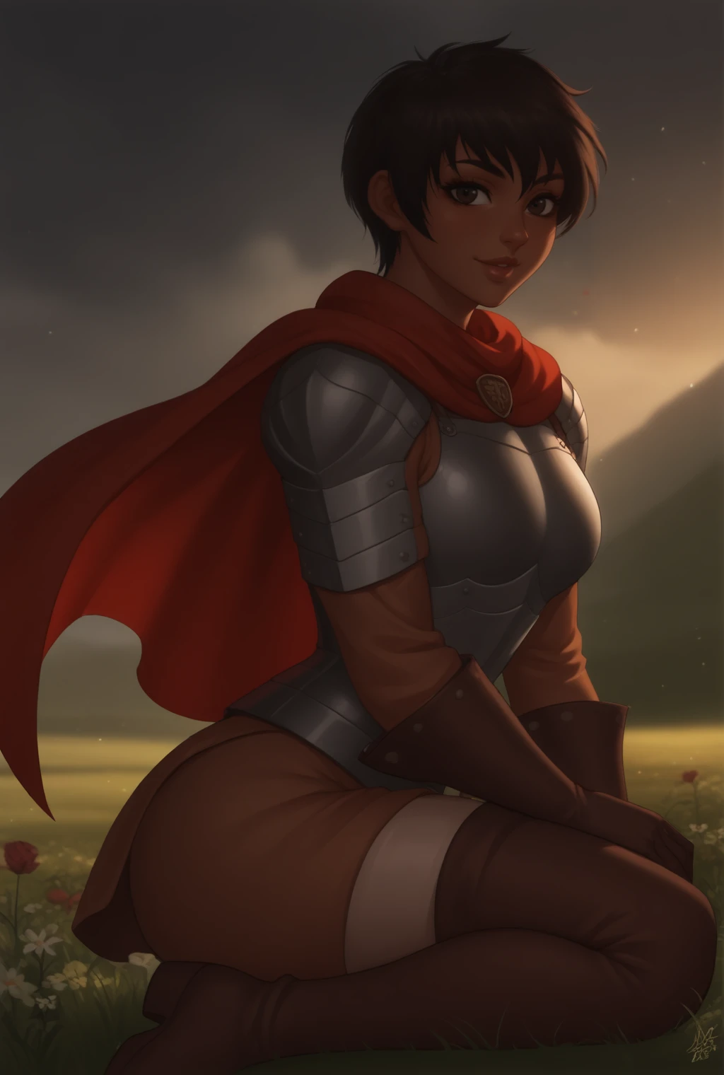 score_9, score_8_up, score_7_up, source_anime BREAK, solo, looking at viewer, cowboy shot, medieval, grass, stone,  flower field, cloudy sky, official wallpaper, light particles, fog, cinematic lightning, 
<lora:CascaPdxlDwnsty:1> Casca_Def, brown hair, short hair, thigh boots, gloves, boots, cape, thighhighs, dark-skinned female, breastplate, skirt, lips, red scarf, brown footwear, shoulder armor, Csword, 
large breasts, smile, on one knee, from side,