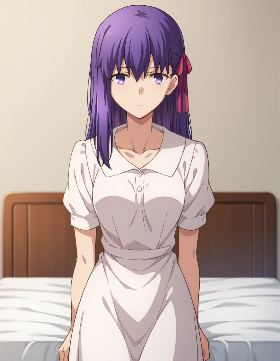 score_9, score_8_up, score_7_up, source_anime,
sakuramatou, <lora:sakura-matou-hf-ponyxl-lora-nochekaiser:1>,
sakura matou, long hair, purple eyes, purple hair, ribbon, hair ribbon, red ribbon,
dress, ribbon, collarbone, short sleeves, white dress, official alternate costume, black ribbon, collared dress,
indoors, bed, bed room,
looking at viewer, dutch angle, cowboy shot,