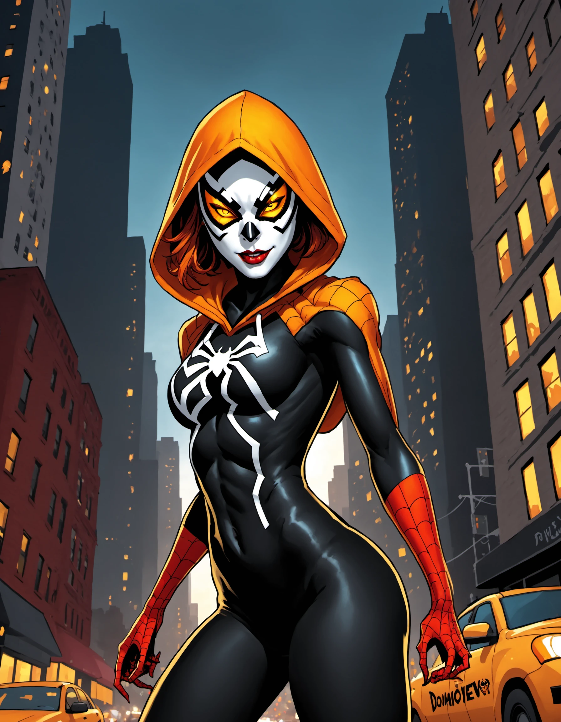 Hallows Eve, ((solo, solo focus)), glowing eyes, hood, 1girl, glowing, colored skin, yellow eyes, parted lips, hood up, white skin, orange eyes, mask, domino mask, looking at viewer, (seductive smirk), new york, outdoors, city scene, full body, action pose, (spiderverse), <lora:HallowsEveXL:0.8>