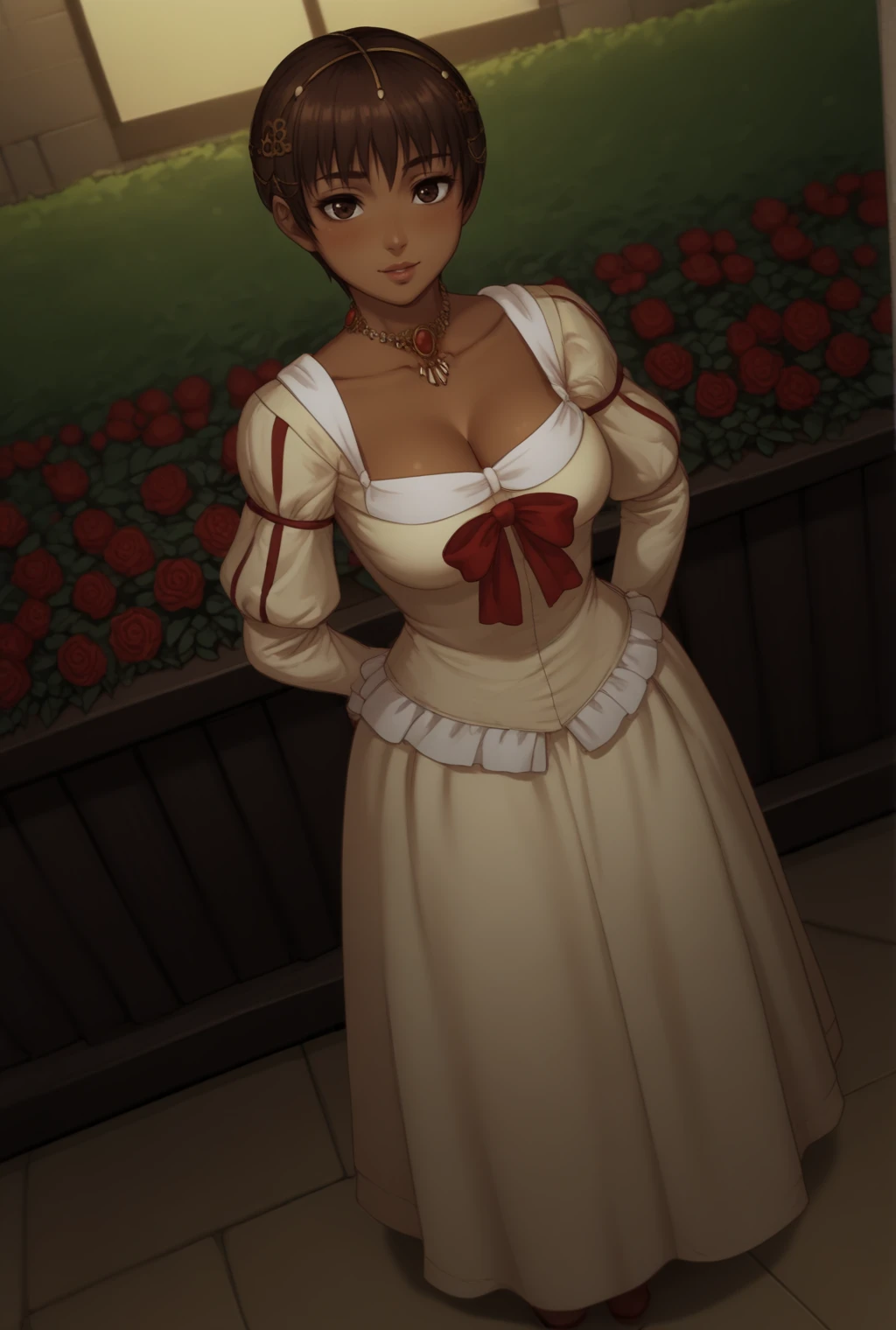 score_9, score_8_up, score_7_up, source_anime BREAK, solo, looking at viewer, full body, garden, flower, rose, night, moonlight,
<lora:CascaPdxlDwnsty:1>, Casca_Dress, dress, jewerly, collarbone, lips, necklace,
large breasts, cleavage, dutch angle, standing, blush, smile